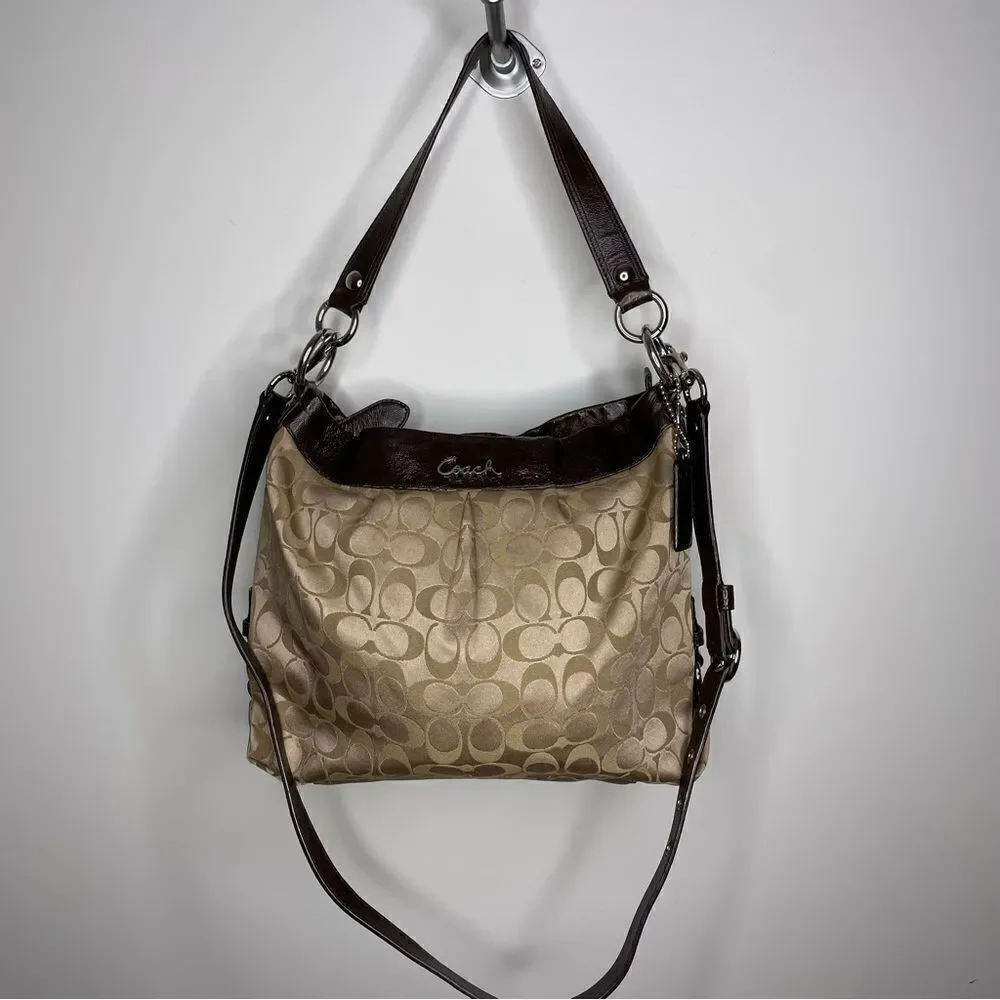 Coach Ashley Sateen Signature C Hobo Crossbody Bag Purse Brown Tan Hippie